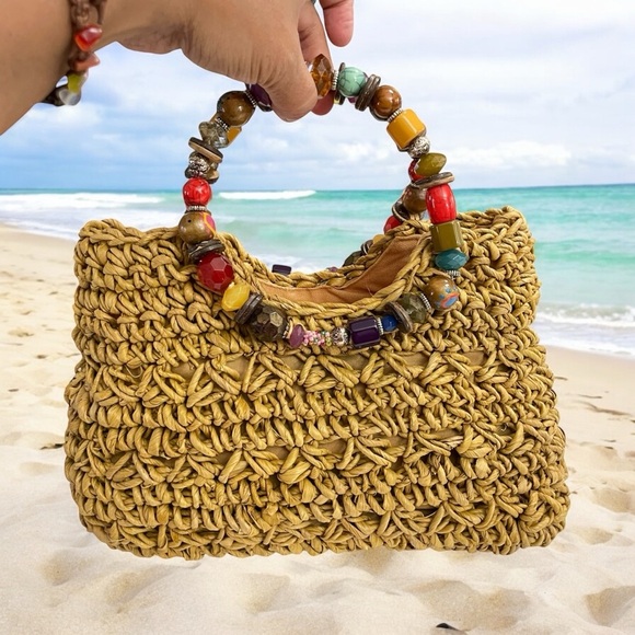 Cappelli Straworld Handbags - Cappelli straw beaded handle summer spring bag purse handbag tote Vintage